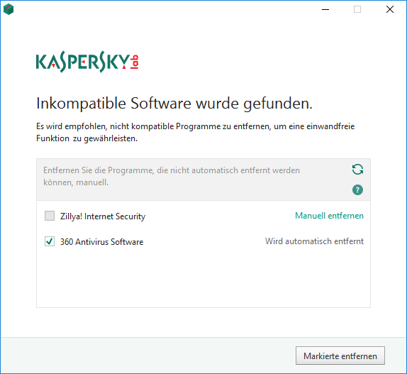 Das Fenster „Inkompatible Software wurde gefunden“ bei der Installation von Kaspersky Internet Security