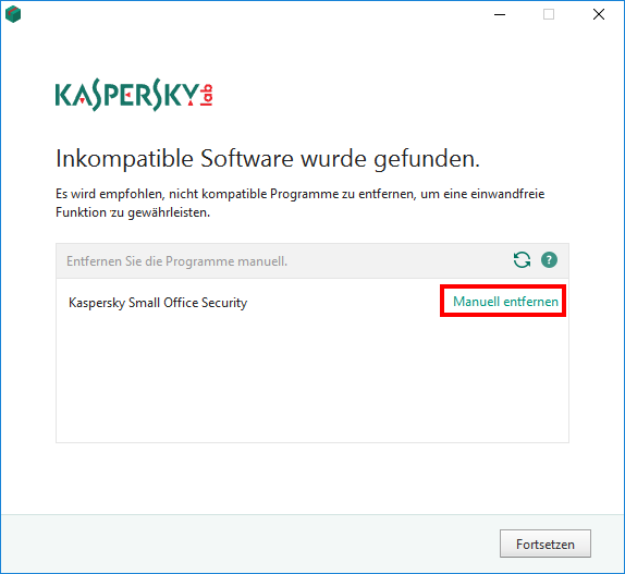 Das Fenster „Inkompatible Software wurde gefunden“ bei der Installation von Kaspersky Internet Security