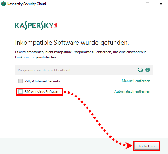 Beibehalten inkompatibler Programme bei der Installation von Kaspersky Security Cloud