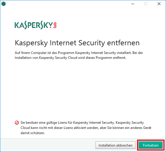 Automatische Entfernung inkompatibler Kaspersky Lab Programme bei der Installation von Kaspersky Security Cloud 