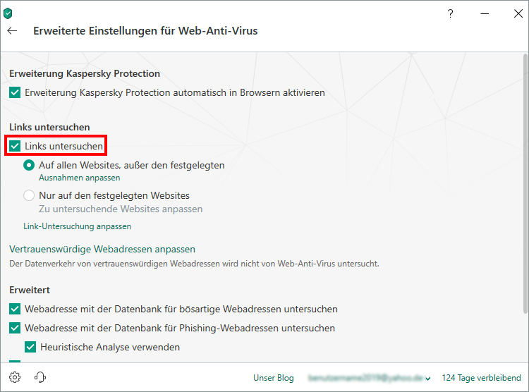 Das Fenster „Erweiterte Einstellungen für Web-Anti-Virus“ in Kaspersky Internet Security