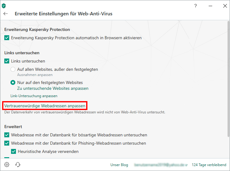 Das Fenster „Erweiterte Einstellungen für Web-Anti-Virus“ in Kaspersky Total Security