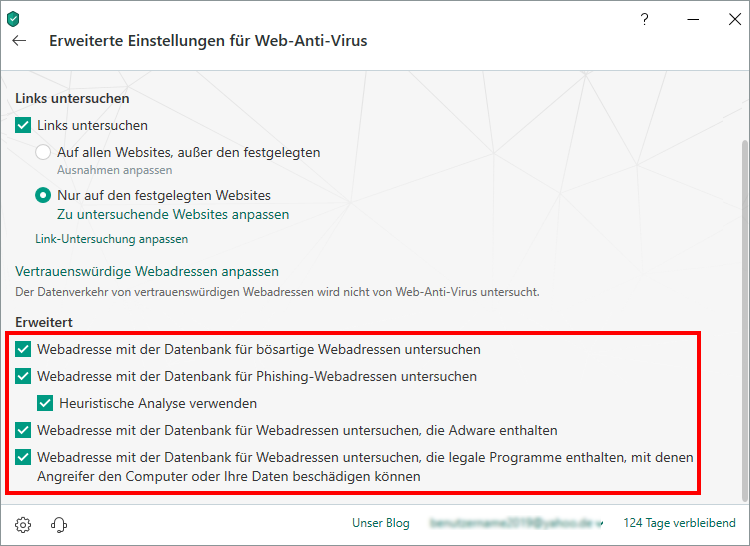 Das Fenster „Erweiterte Einstellungen für Web-Anti-Virus“ in Kaspersky Total Security