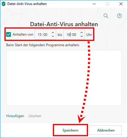 Das Fenster „Datei-Anti-Virus anhalten“ in Kaspersky Total Security