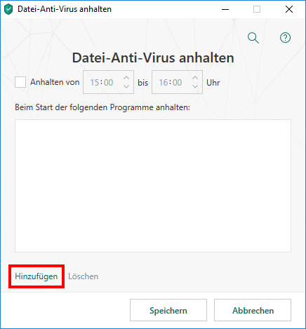 Das Fenster „Datei-Anti-Virus anhalten“ in Kaspersky Total Security