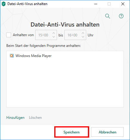 Das Fenster „Datei-Anti-Virus anhalten“ in Kaspersky Security Cloud
