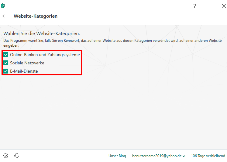 Das Fenster „Website-Kategorien“ in Kaspersky Security Cloud