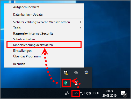 Das Kontextmenü des Symbols von Kaspersky Internet Security