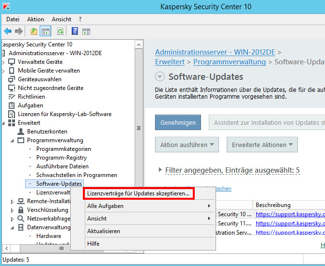 Akzeptieren der Lizenzverträge für Updates im Kaspersky Security Center 10