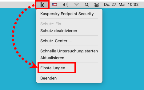 Das Kontextmenü des Symbols von Kaspersky Endpoint Security 11 für Mac