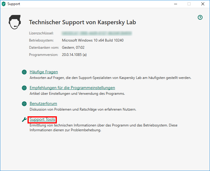 Das Fenster „Technischer Support von Kaspersky“ in Kaspersky Anti-Virus