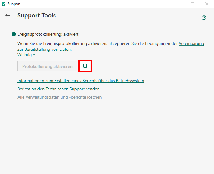 Das Fenster „Support Tools“ in Kaspersky Anti-Virus
