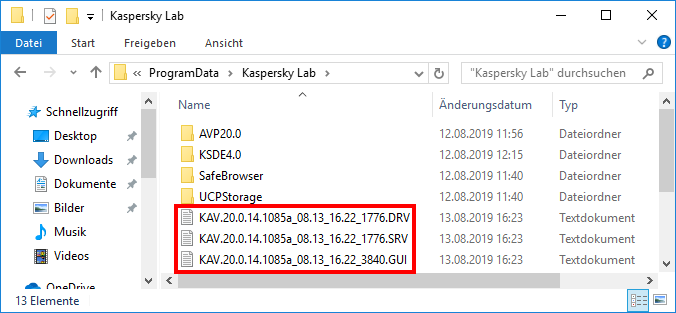 Der Ordner „Kaspersky Lab“ mit erstellten Protokolldateien von Kaspersky Total Security