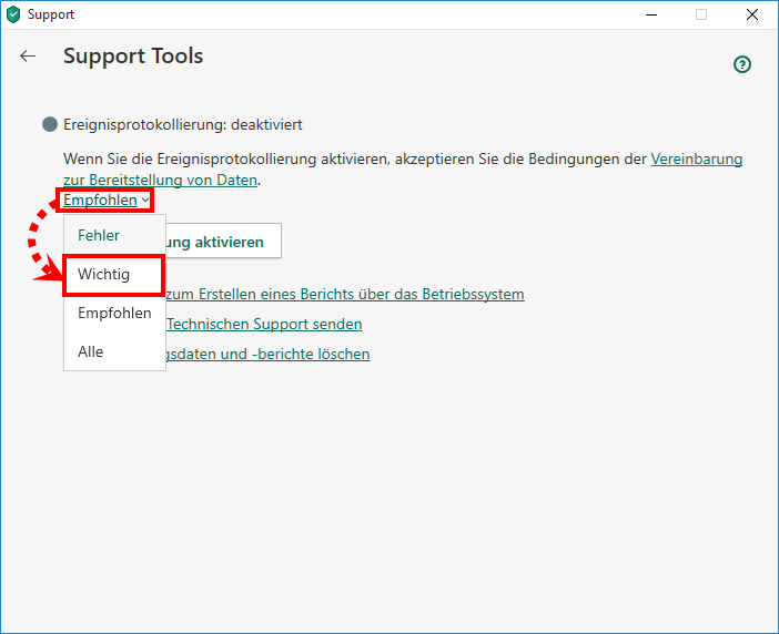 Das Fenster „Support Tools“ in Kaspersky Security Cloud 20