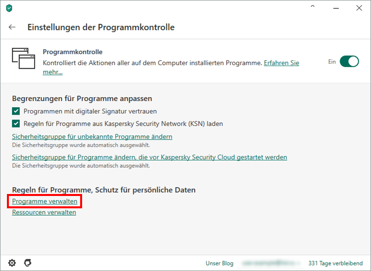 Das Fenster „Einstellungen der Programmkontrolle“ in Kaspersky Security Cloud
