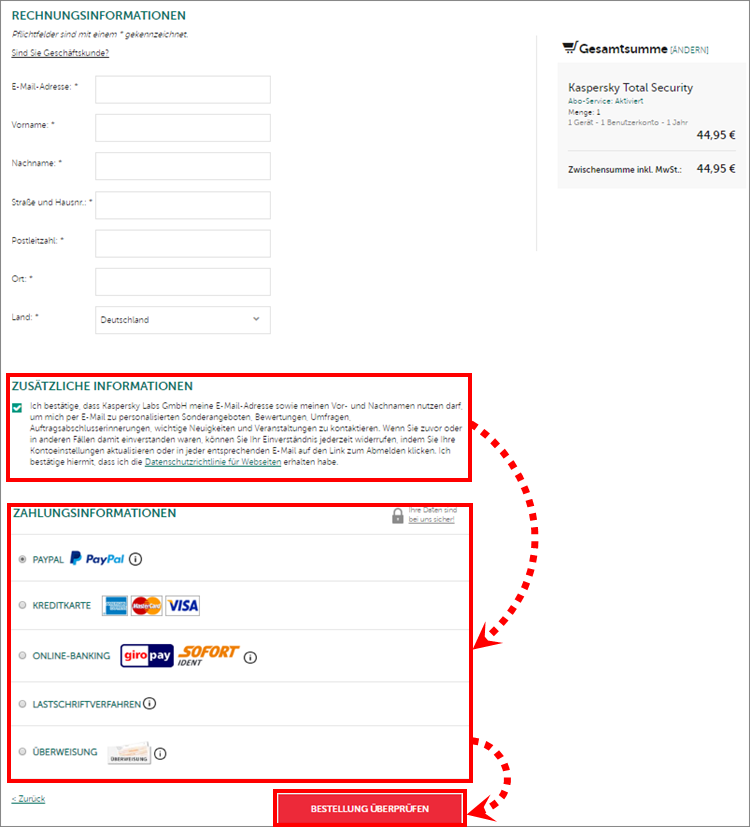 Auswahl der Bezahlmethode beim Kaufen einer Lizenz für Kaspersky Internet Security