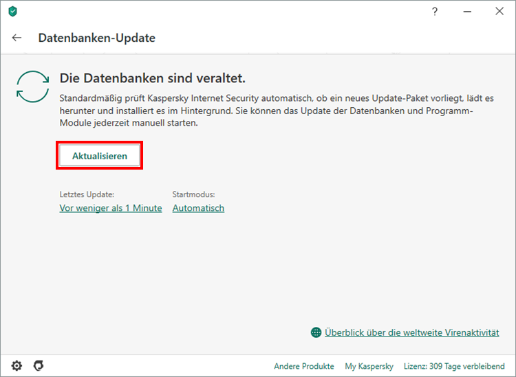 Das Fenster „Datenbanken-Update“ in Kaspersky Internet Security
