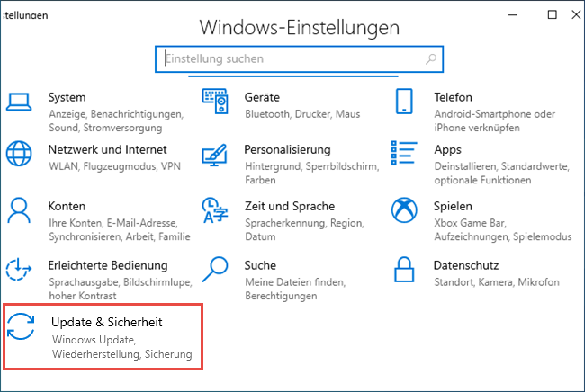 Das Fenster „Windows-Einstellungen“ in Windows 10