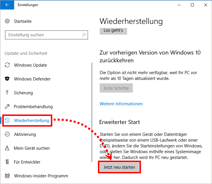 Das Fenster „Wiederherstellung“ in Windows 10