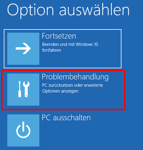 Das Fenster „Option auswählen“ in den Einstellungen in Windows 10