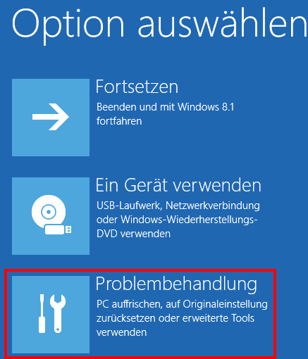 Das Fenster „Option auswählen“ in Windows 8 und 8.1