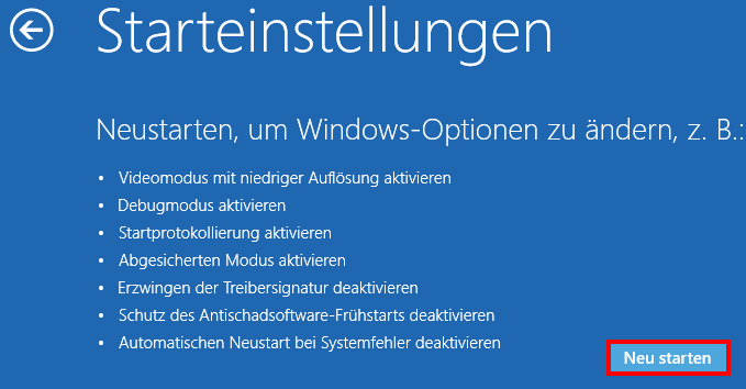 Das Fenster „Starteinstellungen“ in Windows 8 und 8.1