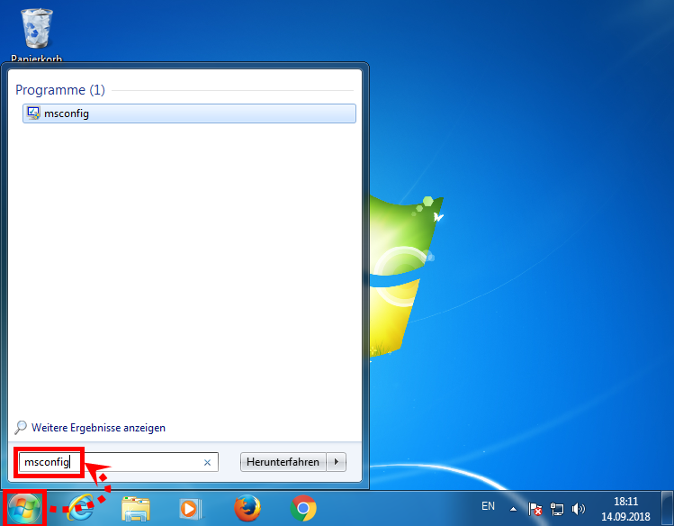 Eingabe des Befehls msconfig auf Windows Vista und 7