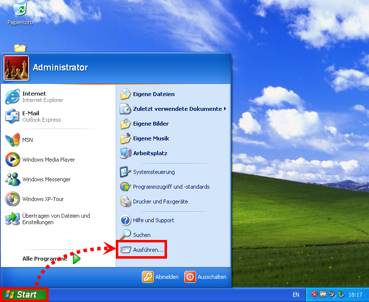 Öffnen des Fensters „Ausführen“ auf Windows XP