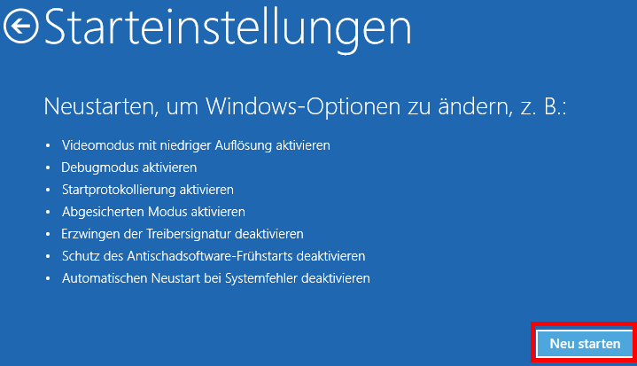 Das Fenster „Starteinstellungen“ in den Einstellungen in Windows 10