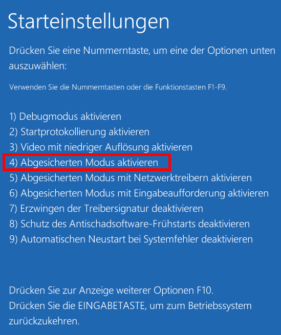 Das Fenster „Starteinstellungen“ in den Einstellungen in Windows 10