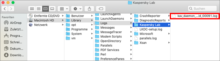 Ordner mit Protokolldateien von Kaspersky Internet Security für Mac