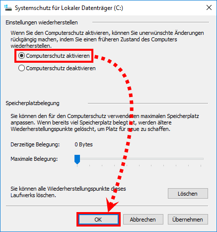 Das Fenster der Einstellungen des Systemschutzes in Windows 10