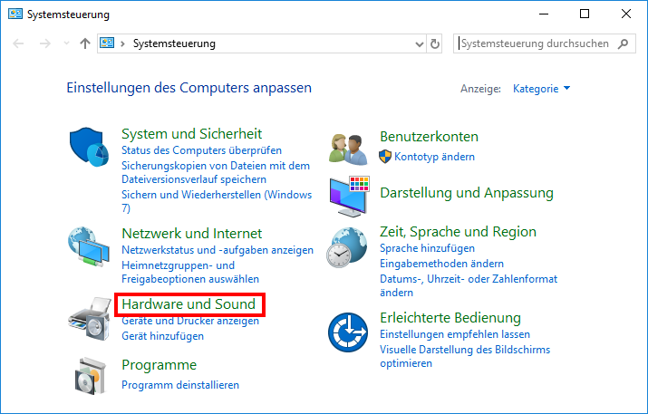Das Fenster der Systemsteuerung in Windows 10
