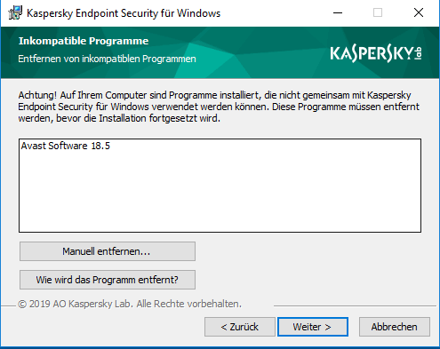 Das Fenster des Installationsassistenten von Kaspersky Endpoint Security 11.х für Windows