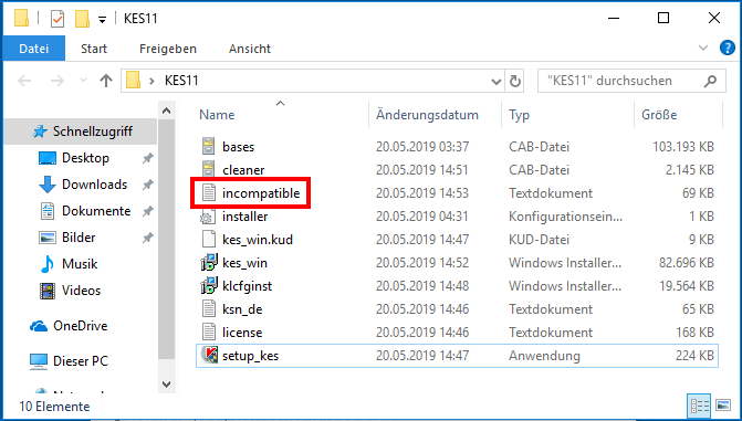Datei incompatible.txt im Installationspaket von Kaspersky Endpoint Security 11.x für Windows 