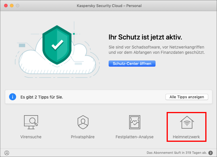 Das Hauptfenster von Kaspersky Security Cloud 20 für Mac