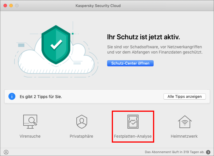 Wechseln zur Diagnose der Festplatte in Kaspersky Security Cloud