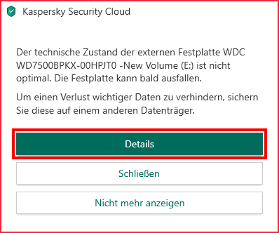 Anzeige der Informationen über die Verschlechterung des Zustands der Festplatte in Kaspersky Security Cloud