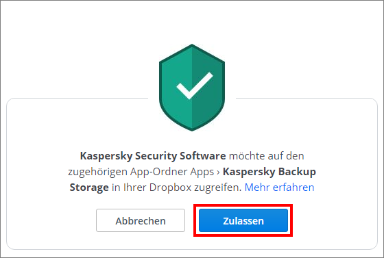 Berechtigung zum Zugriff von Kaspersky Security Software auf Dropbox
