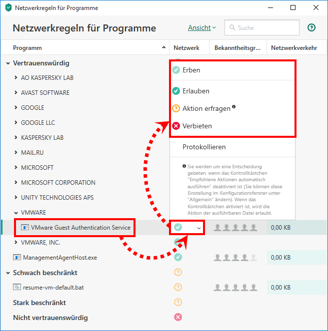 Das Fenster „Netzwerkregeln für Programme“ in Kaspersky Security Cloud