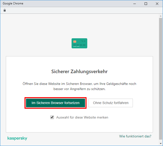 Öffnen einer Website im Sicheren Browser von Kaspersky Total Security 20