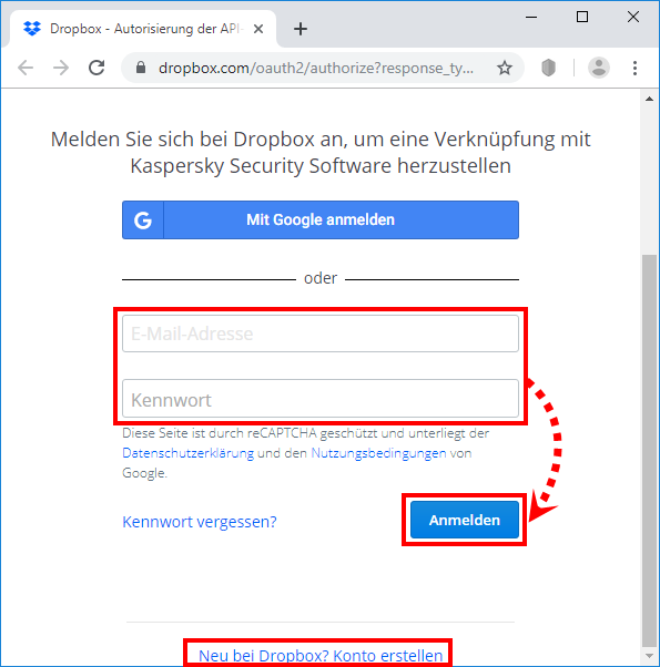 Anmeldung bei Dropbox über Kaspersky Total Security