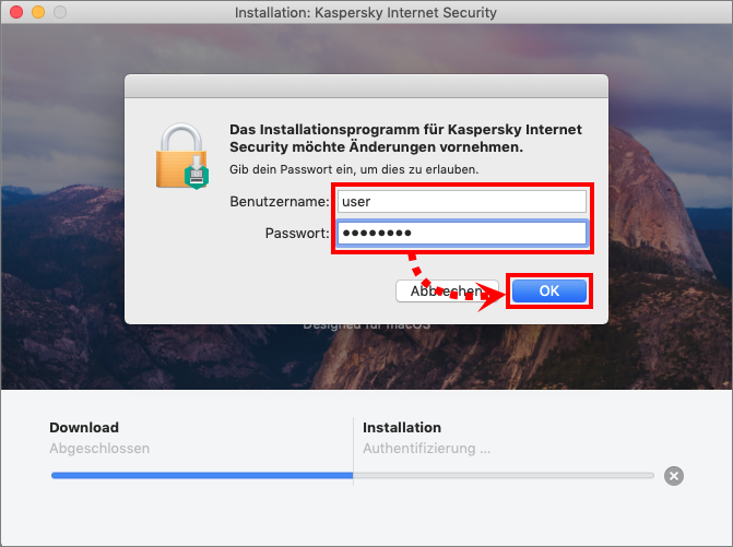Eingabe des Namens und des Kennworts des Administratorkontos bei der Installation von Kaspersky Internet Security 20 für Mac