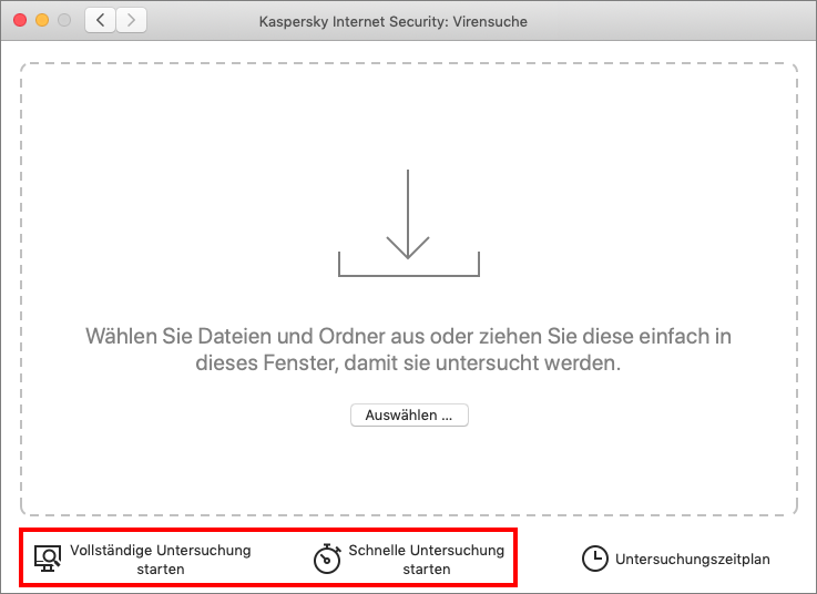 Das Fenster „Untersuchung“ in Kaspersky Internet Security für Mac
