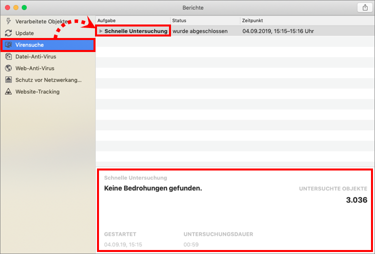 Das Fenster mit Untersuchungsberichten in Kaspersky Internet Security für Mac