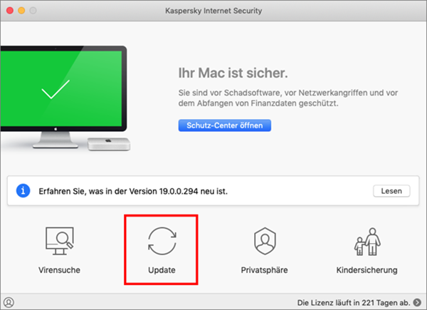 Das Hauptfenster von Kaspersky Internet Security für Mac