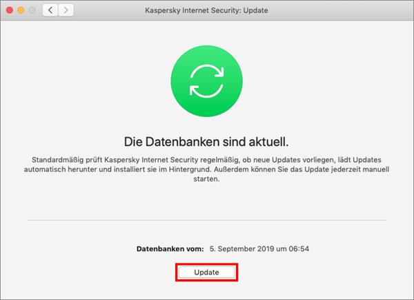 Das Fenster „Update“ in Kaspersky Internet Security für Mac