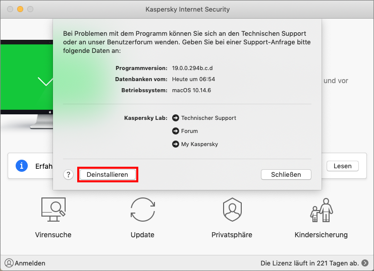 Deinstallation von Kaspersky Internet Security für Mac