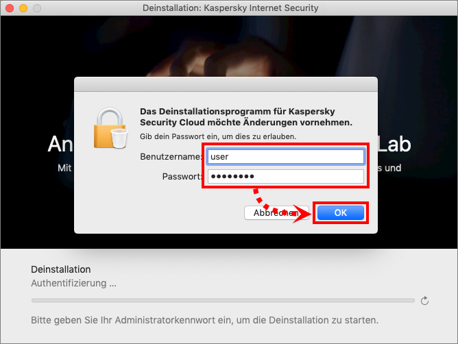 Eingabe des Namens und des Kennworts des Administratorkontos bei der Deinstallation von Kaspersky Internet Security 20 für Mac
