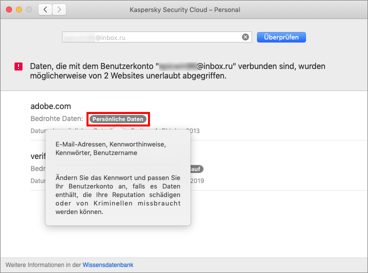 Tipps in Kaspersky Security Cloud für Mac zur Minimierung von Folgen eines Datenlecks